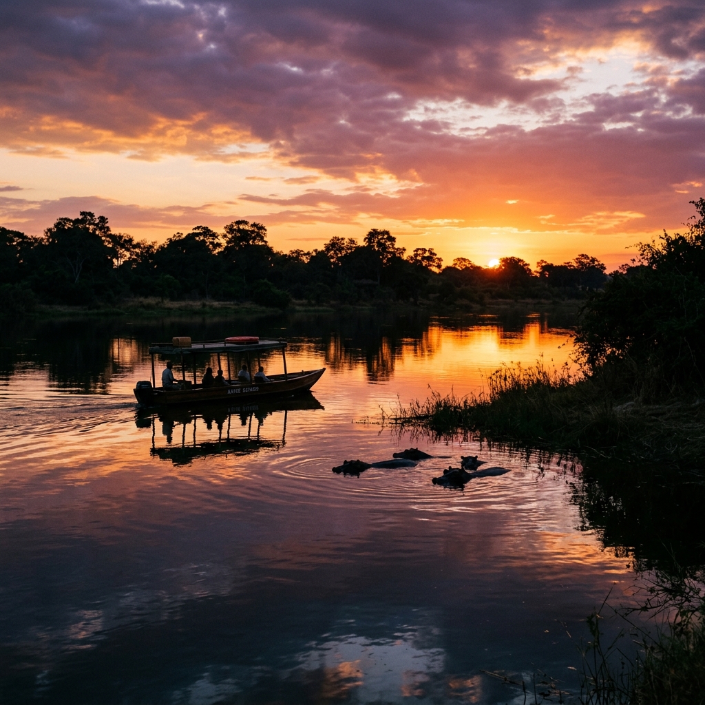 Sunset over the Kafue River with hippos, Kafue National Park